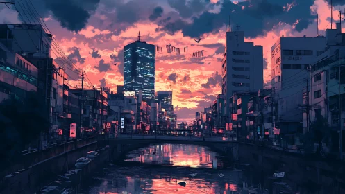 Urban canal at dusk with high-rise and dense city blocks.