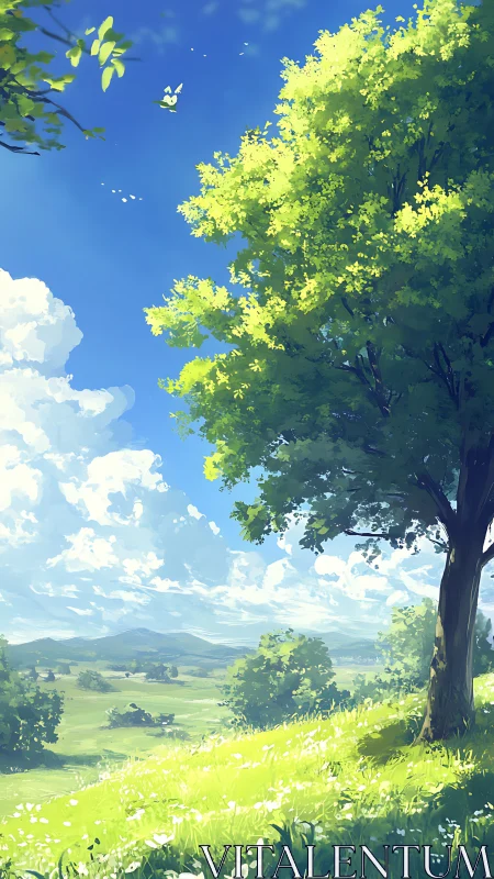 Sunlit hilltop tree guarding a breezy, endless green valley.