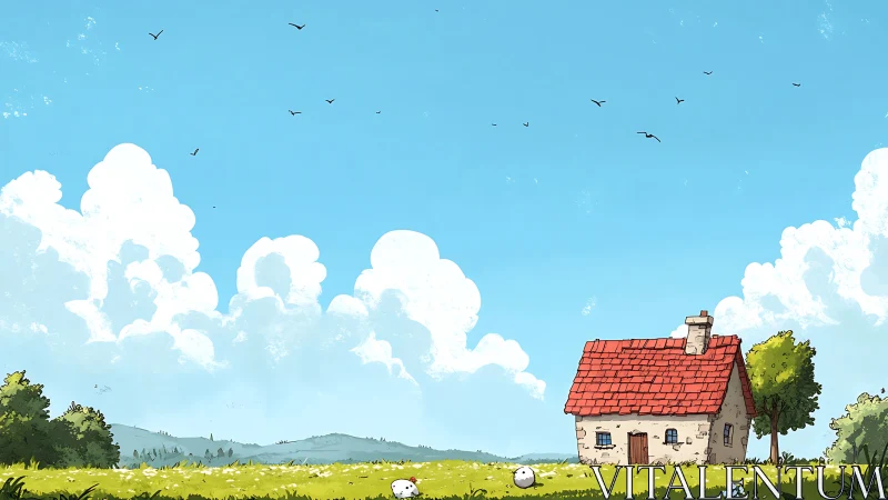 Small red roof cottage in bright rural summer field