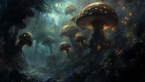 Bioluminescent fungal forest under moody cyan misted sky.