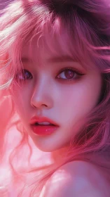 Close-up digital portrait of pink-haired subject in light.