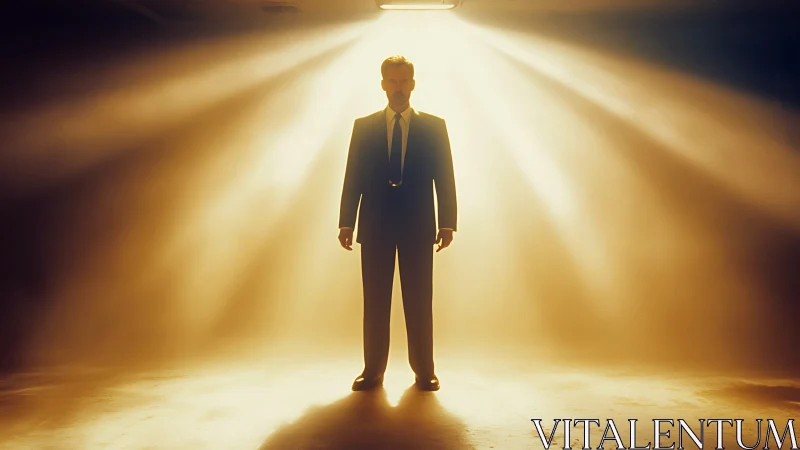 Man in suit stands under intense overhead spotlight rays