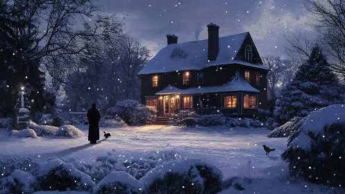 Nocturnal snowfall framing a lamplit winter manor scene.