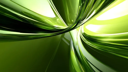 Vibrant Green Abstract Digital Art with Glossy Fluid Shapes.