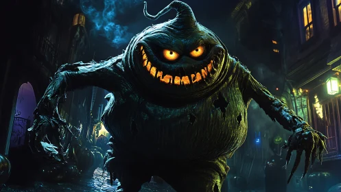 Playfully creepy pumpkin monster roaming a Halloween street.