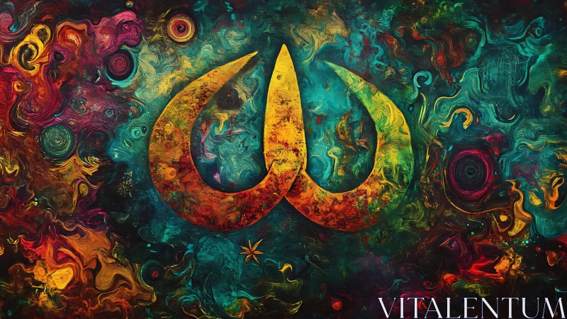 Vibrant cosmic emblem with swirling abstract nebula field.