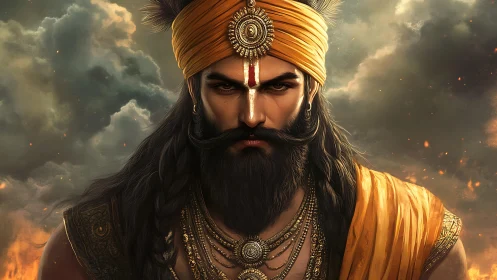 Warrior mystic portrait under stormy dramatic sky.