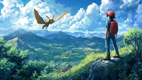 Young traveler and flying friend over sunlit valley view.