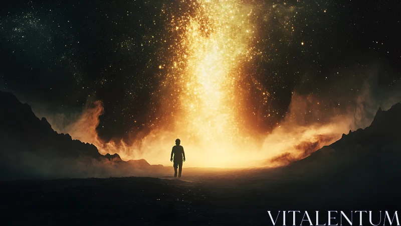 Silhouette before vertical stellar light column in valley.