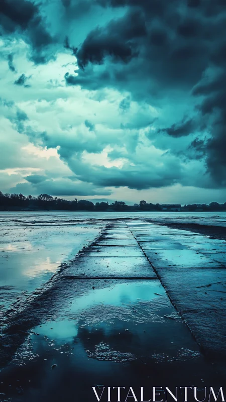 Storm-lit flooded concrete causeway with cyan sky reflections