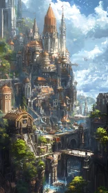 Vertical fantasy citadel with terraced bridges and spires.