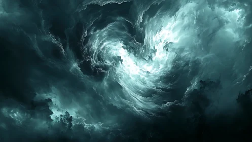 Storm-torn celestial vortex in luminous teal clouds.