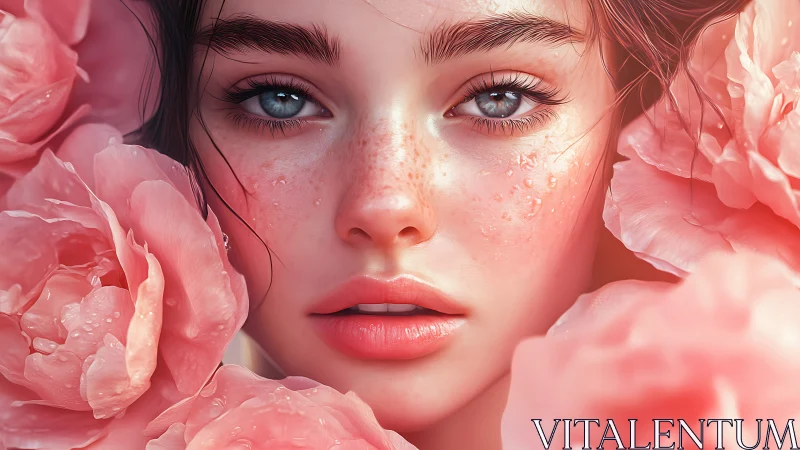 Ultra-detailed freckled portrait framed by dewy pink petals.