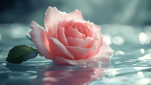 Coral pink rose floating on reflective water with backlit atmospheric bloom.