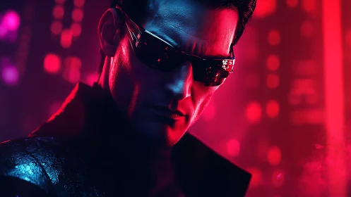 Neon-shadowed cyber agent stalks the crimson city night.