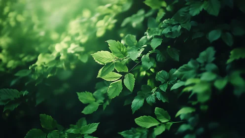 Lush Green Foliage in Soft Sunlight, Nature Photography Style.