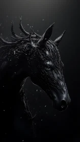 Dark sculptural horse head in textured organic forms.