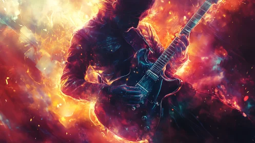 Electric guitarist ignites stage in neon firestorm