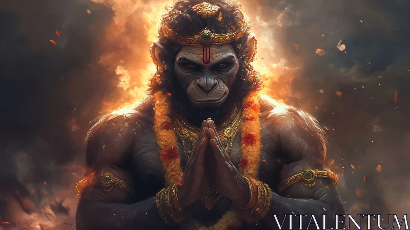 Divine simian warrior stands in fiery sacred aura