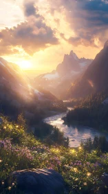Mountain river valley at sunset with wildflower foreground.