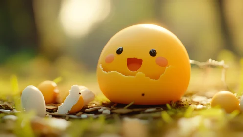 Spherical yellow character with broken shell outdoors.