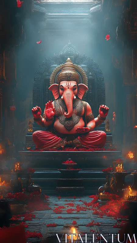 Ganesh idol in ornate temple sanctum with petals and incense