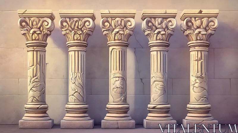 Classical Corinthian stone colonnade in digital painting style.