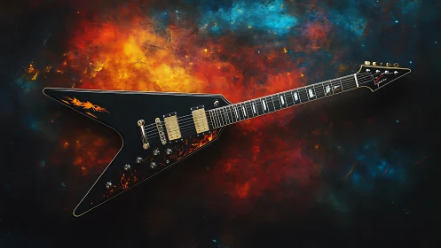 Black V-shaped electric guitar on fiery abstract backdrop.