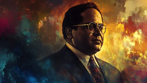 Portrait of suited thinker amid blazing abstract light