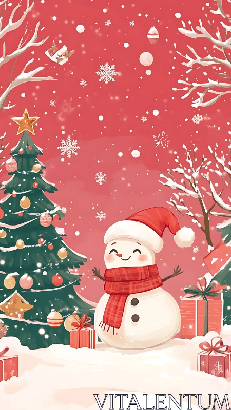 Joyful snowman celebrates a cozy Christmas in soft snow