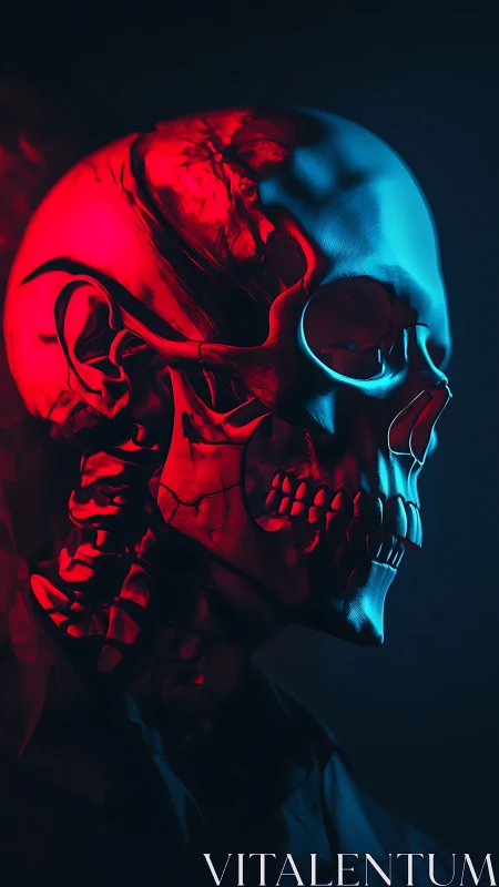 Bi-chromatic cyber skull in dramatic side portrait lighting.