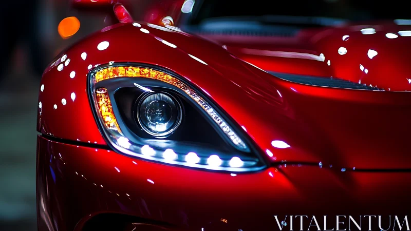 Crimson supercar headlight gleams in electric showroom glow.