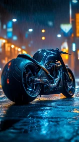 Low-angle neon-lit motorcycle with wide rear tire in rainy street