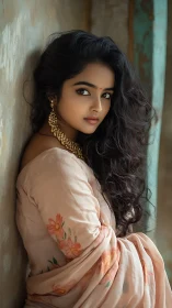 Soft gaze in floral saree beside weathered doorway.
