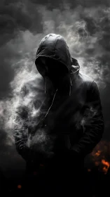 Hooded figure stands in dense smoke against dark background