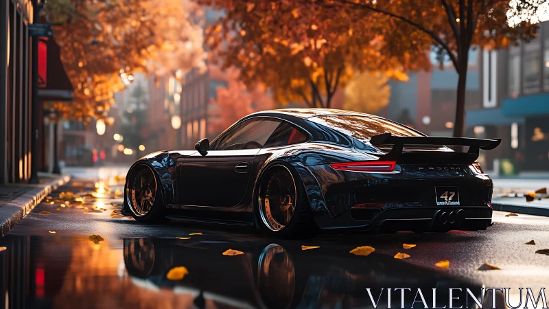 Widebody black sports coupe on wet urban street in autumn