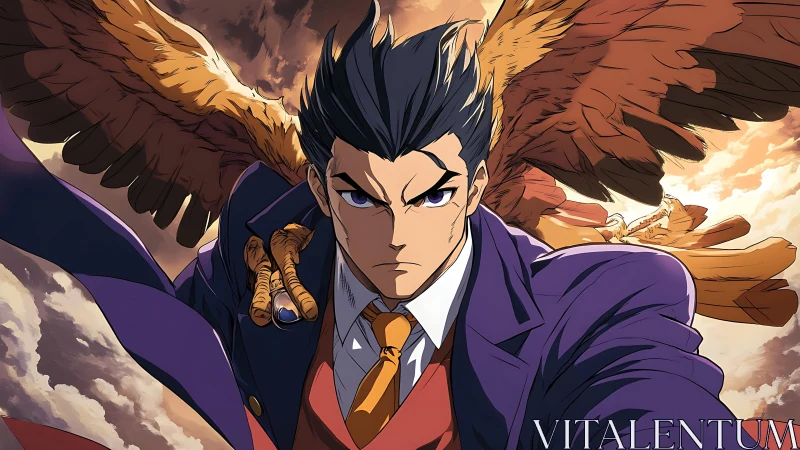 Dynamic anime hero with phoenix wings in dramatic sky
