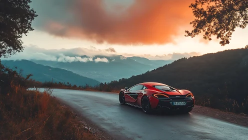 Sunset drive invites a sleek red sports car into the mountains