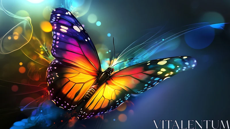 Rainbow winged butterfly drifting through glowing night.