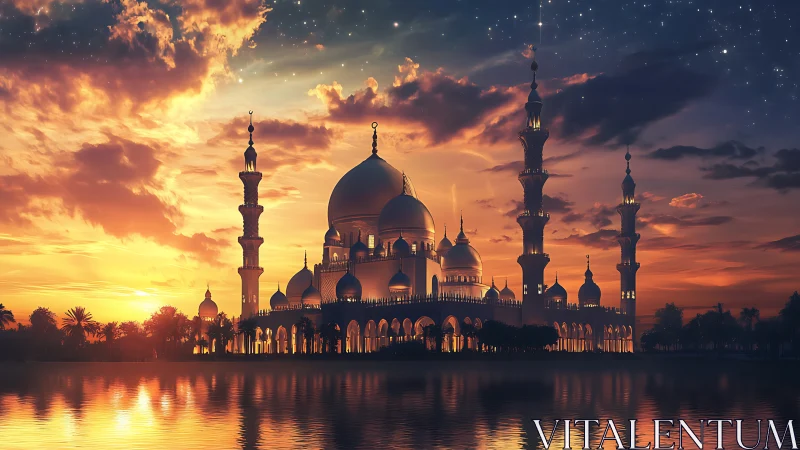 Grand mosque silhouette reflects in fiery twilight sky