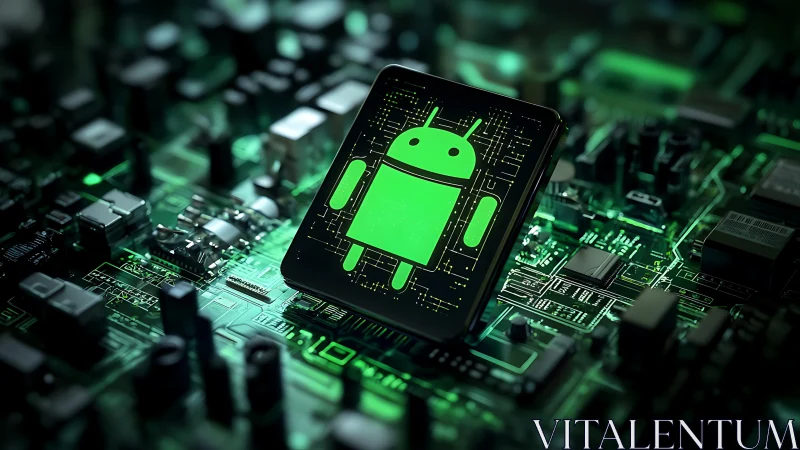 Android mascot glows like a neon navigator in circuit city