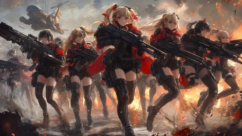 Armored anime squad charges through explosive battlefield
