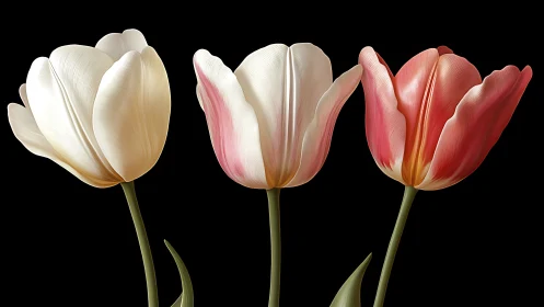 Three Tulips in Chromatic Progression Bloom Against Midnight.