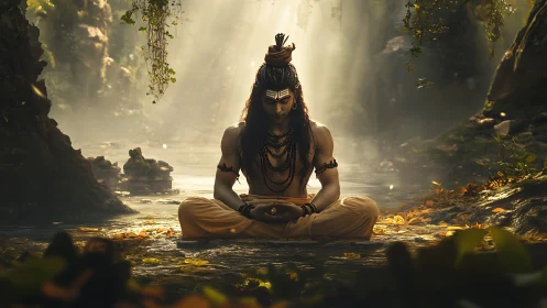 Forest-lit yogi in golden river trance of silent thunder.