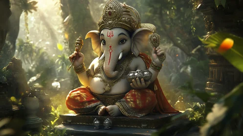 Childlike Ganesha idol in ornate forest shrine setting.