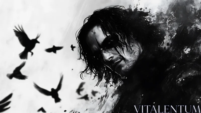Monochrome raven‑shrouded antihero portrait with ink turbulence