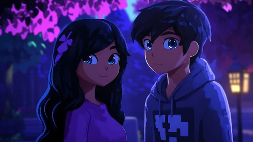 Twilight stroll with two bright eyed anime friends.