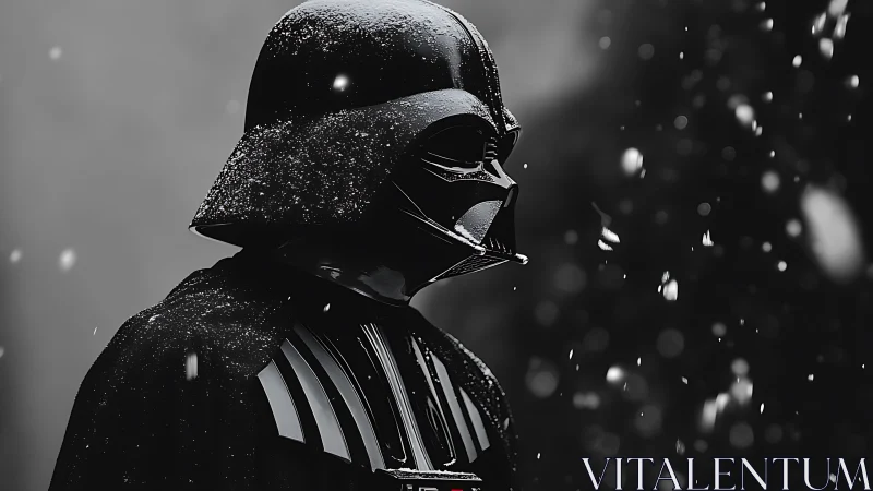 Brooding dark-helmeted figure under drifting winter starlight.