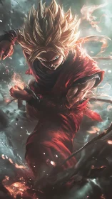 Blazing warrior in midair surge of swirling energy.