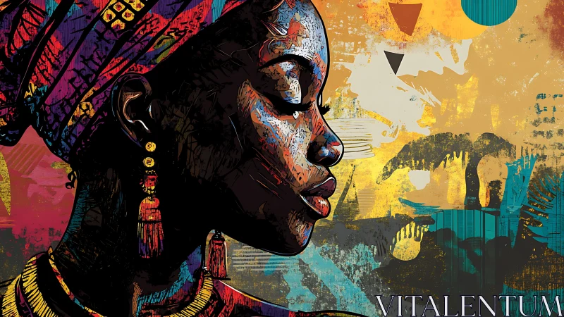 Colorful side profile of woman in patterned headwrap.